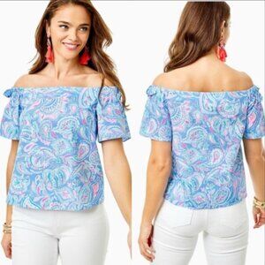 Lilly Pulitzer Tamara Off-The-Shoulder Top Size Small Zanzibar Blue Fish Kiss